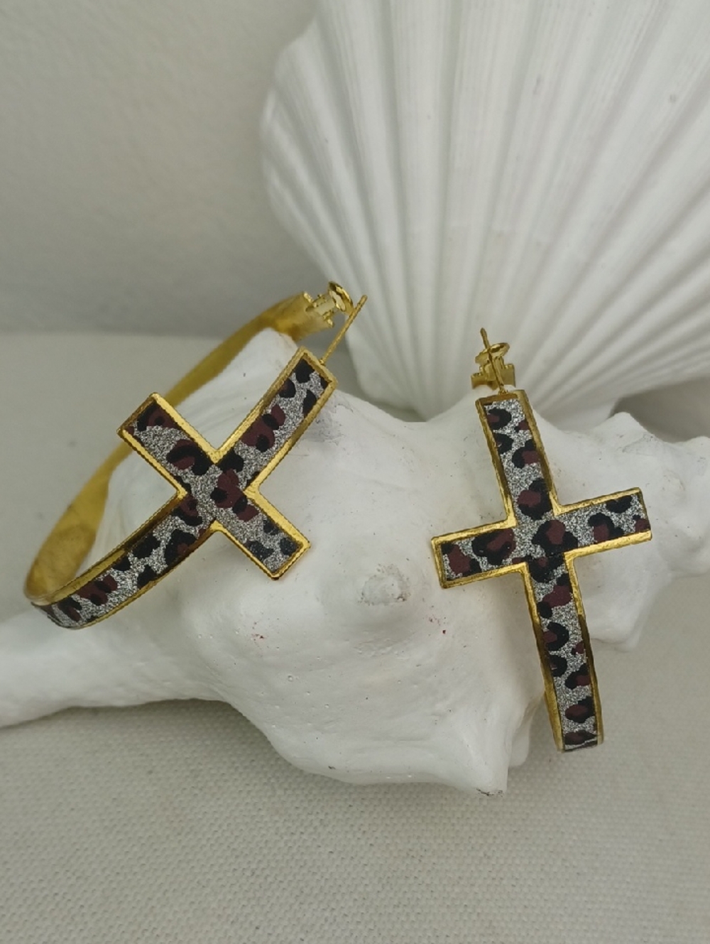 Totally Cool Gold-Tone Leopard Print Cross Hoop Earrings